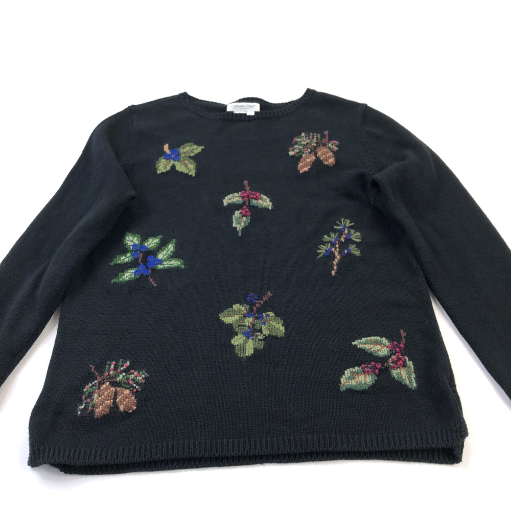 Coldwater Creek Medium Ramie Embroidered Holiday Leaf Pullover Sweater Black